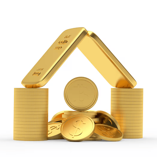 Lingotes y monedas de oro apilados formando una estructura de casa.